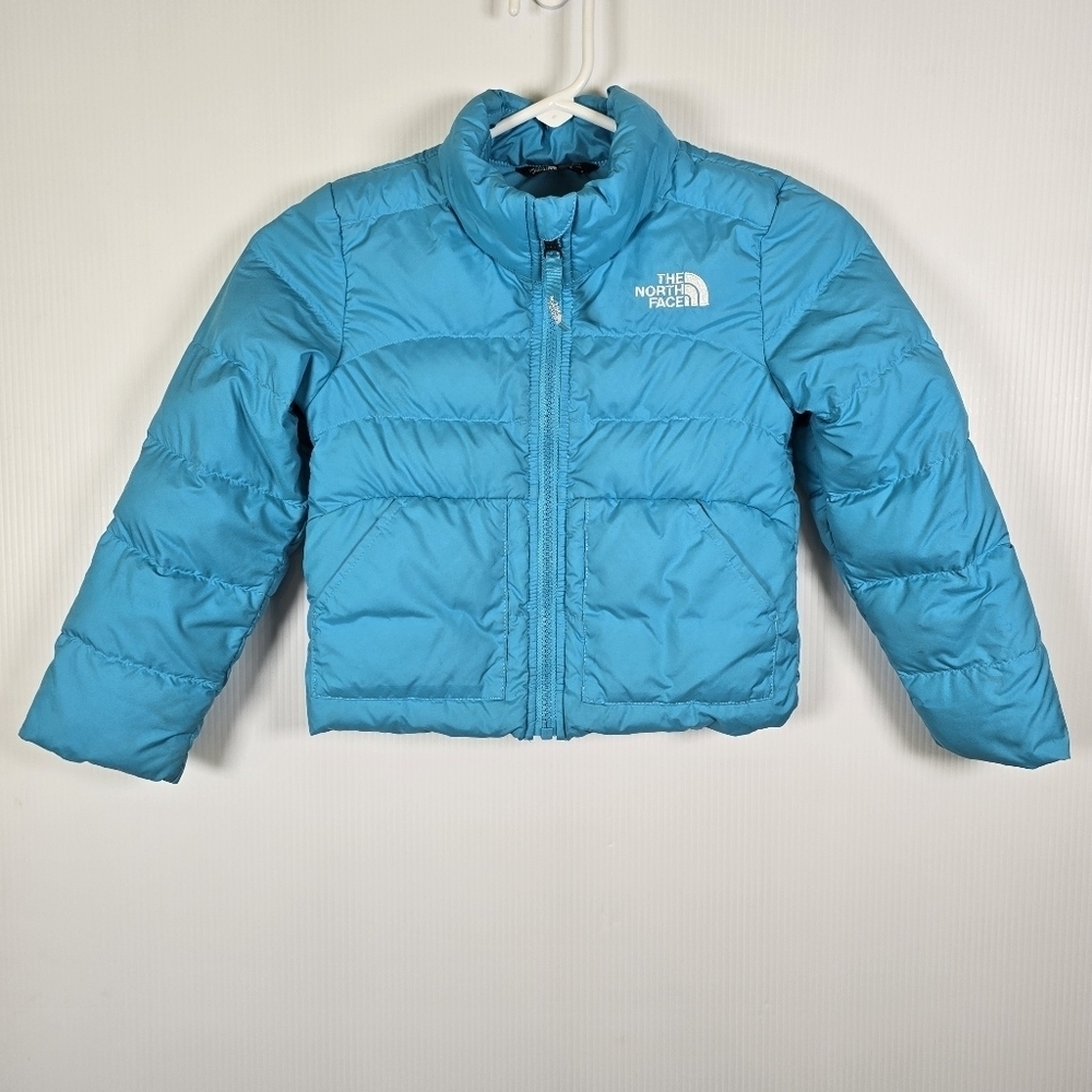 The North Face Girls Teal Down Puffer Jacket Full Zip Stand Up Collar Size XXS